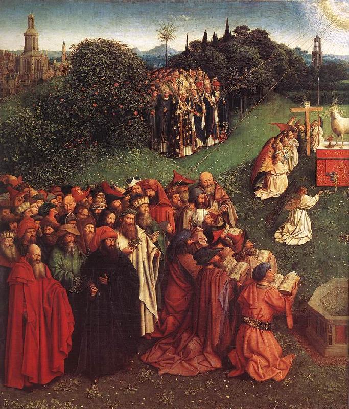 EYCK, Jan van The Ghent Altarpiece: Adoration of the Lamb (detail) Germany oil painting art
